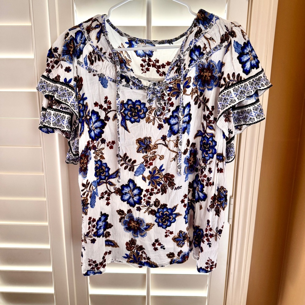 Maurices Boho Floral Peasant Blouse Blue Brown Tie Neck Top Women L